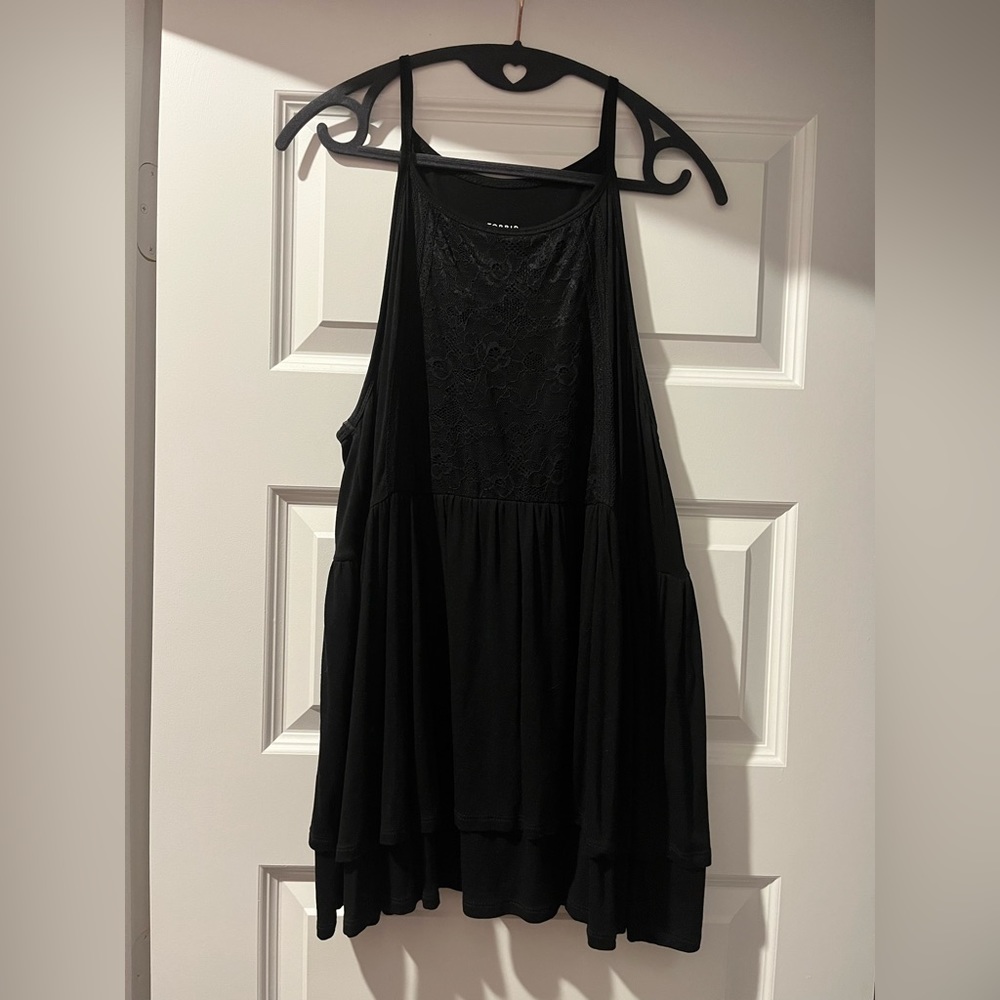 Torrid Super Soft Knit Size 2 Faux Halter Style, Ruffle Bottom, Black Tank Top